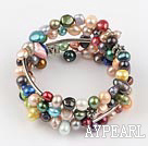 Lovely Multi Strand Multi Color Dyed Pearl And Metal Charm Wrap Bangle Bracelet
