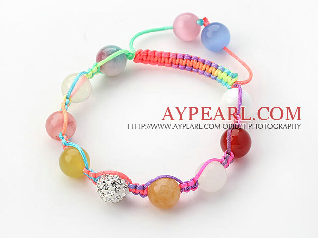 10mm Multi Color Stone and White Rhinestone Beads Adjustable Drawstring Bracelet