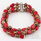 three strand pearl and coral braclet with slide clasp
