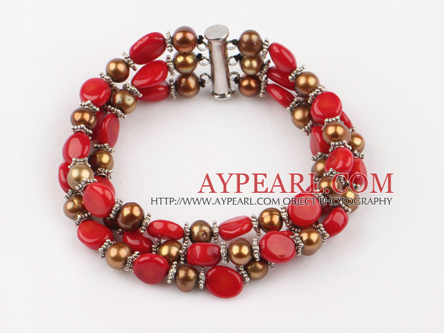 three strand pearl and coral braclet with slide clasp
