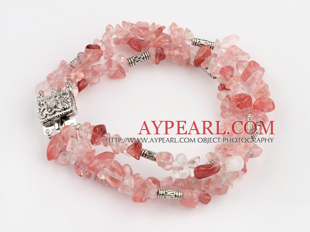 Popular 3 Strands Cherry Quartz Chips Wrap Bangle Bracelet