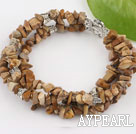 Nice 3 Strands Brown Pictuer Jasper Chips Wrap Bangle Bracelet