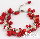 white pearl and red coral bracelet with extendable chain