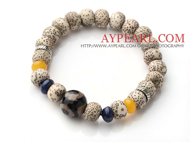 Vintage Style Single Strand Leaves the Bodhi Beads And Lapis Agate Elastic Bracelet