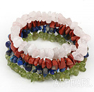 Wholesale Multi Strand Rose Quartz Red Jasper Lapis And Yellow Olive Chips Stone Elastic Wrap Bracelet