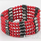 Beautiful Multi Strand 4Mm Round Red Coral And Black Magnetic Wrap Bangle 
