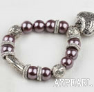 Wholesale Fashion Purple Round Acrylic Pearl And Engraved Metal Charm Heart Pendant Bracelet