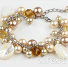 Popular Round Seashell Bead Crystal And White Leaf Shell Loop Chain Bracelet With Lobster Clasp