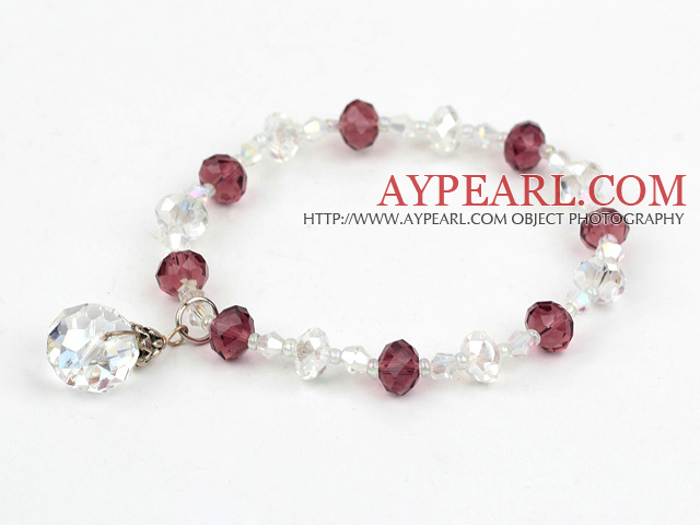 Fashion Wine Red And White Czech Crystal Elastic Stretch Bracelet With White Teardrop Pendant