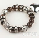 Nice 12Mm Round Smoky Quartz And Metal Heart Pendant Elastic Stretch Bracelet 