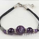 Fashion Natural Amethyst Ball Rhinstone Charm Bracelet With Black Cord
