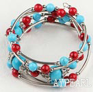 Popular Round Blue Turquoise And Red Bloodstone Wrap Metal Charm Bracelet