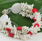 Elegant Mixted White Teeth And Flat Round Red Coral And Large Stone Bracelet With Flower Clasp