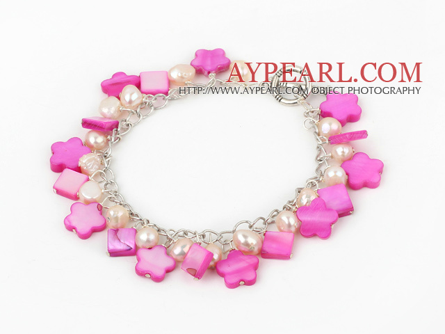 natural pink pearl and pink shell bracelet with toggle clasp 