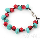 Wholesale Wonderful Blue Turquoise And Round Red Bloodstone Hand Knotted Drawstring Bracelet