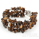 Wholesale Popular Three Strand Chipped Tiger Eye Stone Bracelet With Multi-Row Clasp