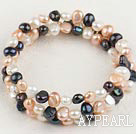 Fashion White Pink And Black Freshwater Pearl Elastic Wrap Bangle Bracelet