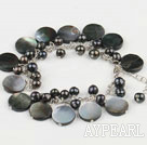 Popular Black Freshwater Pearl And Black Lip Shell Loops Link Bracelet With Extendable Chain