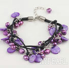 Nice Purple Series Freshwater Pearl And Disc Shell Braided Bracelet With Extendable Chain 