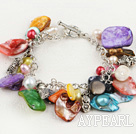 Fashion Multi Color Freshwater Pearl And Mixed Shape Shell Metal Charm Link Bracelet With Toggle Clasp