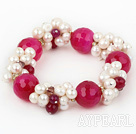 Assorted White Freshwater Pearl and Big Hot Pink Agate Stretch Bracelet