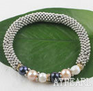 Wholesale Popular White Pink And Black Freshwater Pearl And Beaded Tibet Silver Elastic Stretch Bangle Bracelet