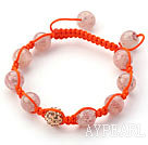 Wholesale Pink Series 10mm Round Strawberry Quartz and Rhinestone Beads Adjustable Drawstring Bracelet