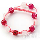 Wholesale Hot Pink Series 10mm Round White Jade and Pink Agate and Rhinestone Beads Adjustable Drawstring Bracelet