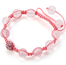 Pink Series 10mm Round Madagascar Rose Quartz and Rhinestone Beads Adjustable Drawstring Bracelet