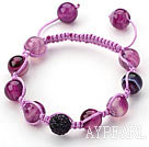 Purple Series 10mm Round Purple Stripe Agate and Rhinestone Beads Adjustable Drawstring Bracelet
