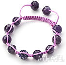 Dark Purple Series 10mm Round Amethyst and Rhinestone Beads Adjustable Drawstring Bracelet