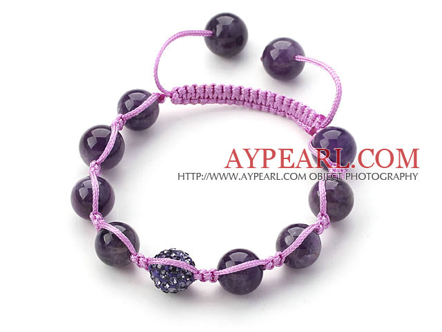 Dark Purple Series 10mm Round Amethyst and Rhinestone Beads Adjustable Drawstring Bracelet