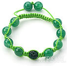 Green Series 10mm Round Green Agate and Rhinestone Beads Adjustable Drawstring Bracelet