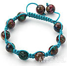 Wholesale 10mm Round Mosaic Stone and Dark Green Rhinestone Beads Adjustable Drawstring Bracelet