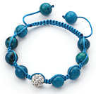 Lake Blue Series 10mm Round Blue Spider Stone and White Rhinestone Beads Adjustable Drawstring Bracelet