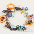 Nice Multi Color Freshwater Blister Pearl And Orange Hollow Disc Shell Bracelet With Toggle Clasp
