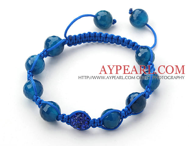 Dark Blue Series 10mm Round Dark Blue Facted Agate Stone and Rhinestone Beads Adjustable Drawstring Bracelet