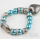 Wholesale Fashion Blue Round Acrylic Pearl And Engraved Metal Charm Heart Pendant Bracelet
