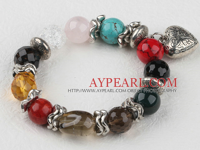Fashion Multi Color Mixed Stone And Twisted Metal Charm Heart Pendant Bracelet