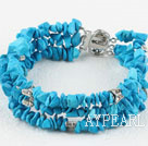 Wholesale Popular 3-Strand Chips Blue Turquoise And Butterfly Metal Charm Bracelet With 3-Row Clasp