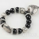 Wholesale Fashion Black Round Acrylic Pearl And Engraved Metal Charm Heart Pendant Bracelet