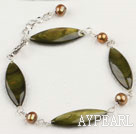 Lovely Yellow Olive Color Eye Shape Shell And Brown Freshwater Pearl Link Bracelet