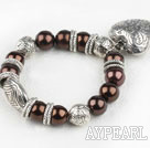 Wholesale Lovely Brown Round Acrylic Pearl And Engraved Metal Charm Heart Pendant Bracelet