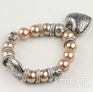 Wholesale Lovely Light Brown Round Acrylic Pearl And Engraved Metal Charm Heart Pendant Bracelet