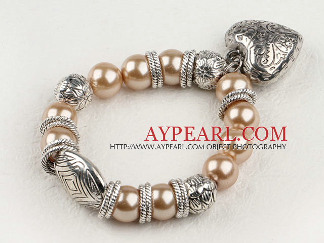Lovely Light Brown Round Acrylic Pearl And Engraved Metal Charm Heart Pendant Bracelet