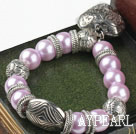 Wholesale Nice Purple Round Acrylic Pearl And Engraved Metal Charm Heart Pendant Bracelet