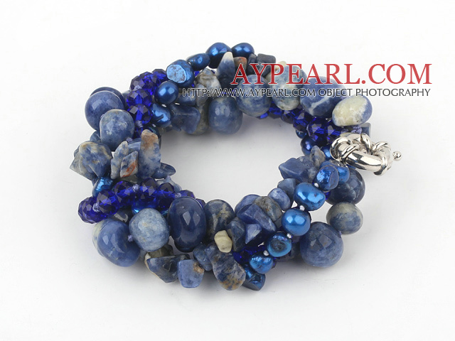 Multi Strand Deark Blue Pearl Crystal and Sodalite Bracelet