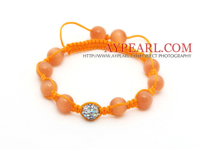 Orange Series 10mm Round Orange Cats Eye and Rhinestone Beads Adjustable Drawstring Bracelet