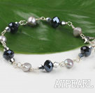 Wholesale Fashion Grey Freshwater Pearl And Black Crystal Link Bracelet With Lobster Clasp