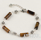 Fashion Cylinder Tiger Eye Link Loops Flower Charm Bracelet With Extendable Chain 